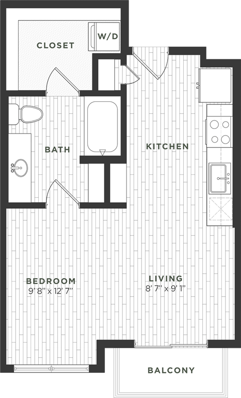 Floor plan for studio, 1 bath, 579 sqft